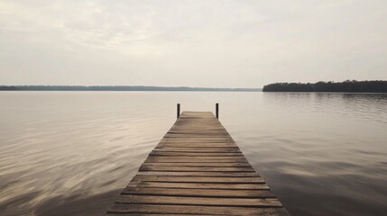 Fototapeta premium Serene wooden dock extending into a calm lake under a cloudy sky, surrounded by nature