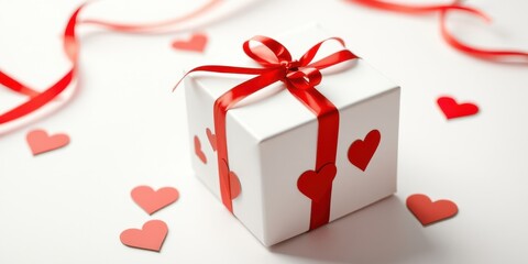 A romantic white gift box adorned with a vibrant red ribbon and delicate red hearts