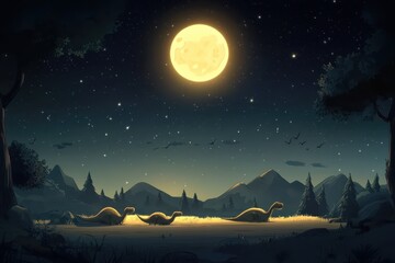 Fototapeta premium Serene Night Landscape Featuring Dinosaurs Under a Bright Full Moon Surrounded by Stars and Mountains in a Peaceful Forest Setting