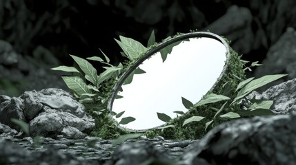 Nature-infused mirror reflecting green leaves amidst rocks