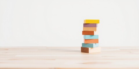 Fototapeta premium Pastel-colored blocks stacked on a light wooden surface against a white background, representing balance, stability, and growth.