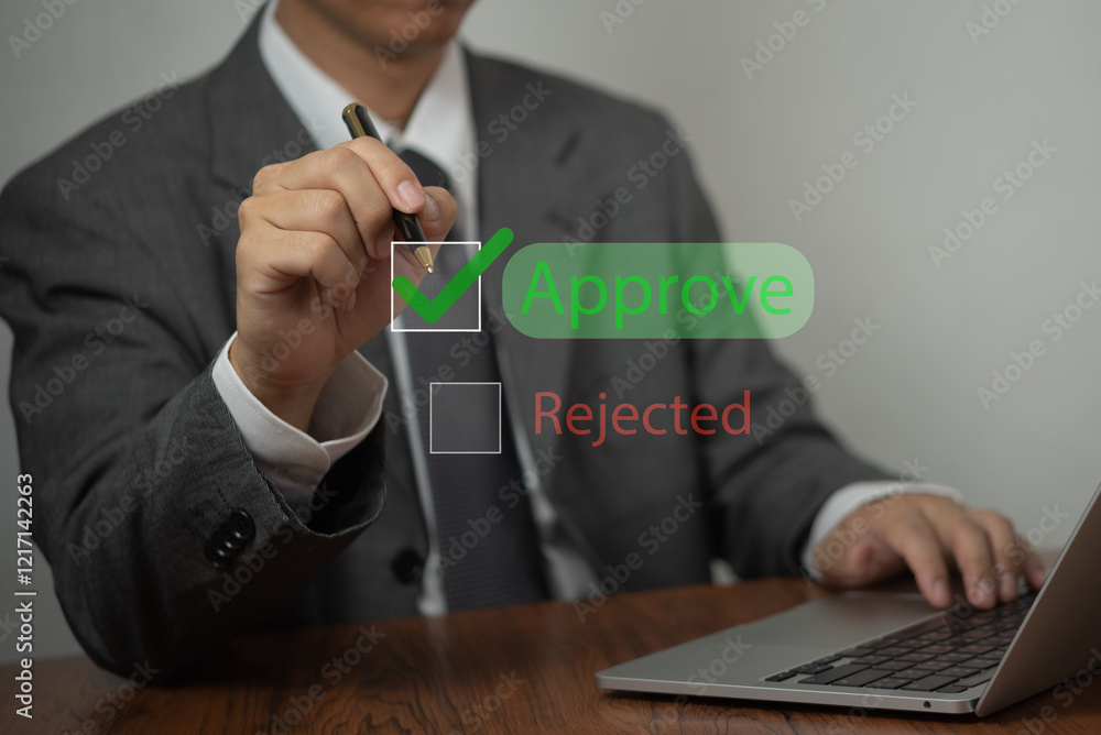 Poster business decision-making process showing approval and rejection options, symbolizing choices and wor