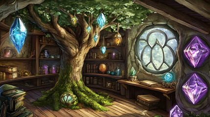 Enchanted Workshop with Crystal Tree and Magical Items