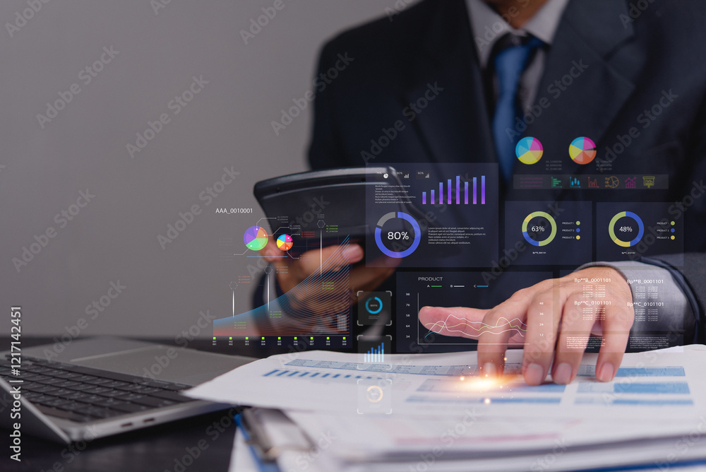 Aufkleber businessman analyzing data and using a calculator with futuristic holographic graphs and charts fina