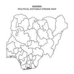 The political boundaries of Nigeria, featuring distinct regions and states, suitable for educational use or design projects. It highlights the diverse administrative divisions.