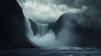 Obraz premium A majestic view of Skógafoss waterfall in Iceland, cascading down a towering cliff surrounded by lush green landscapes and mist rising into the crisp air.