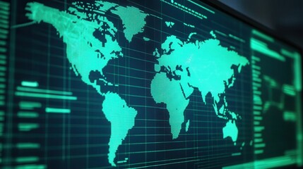 Obraz premium A digital world map displayed in green tones, emphasizing global connectivity and technology.