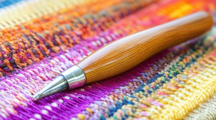Fototapeta premium Elegant Wooden Pen on Colorful Textile Background