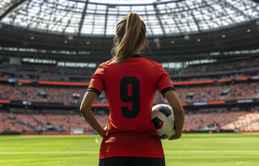 A female soccer player stands in the stadium 