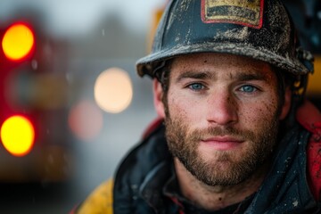 Obraz premium A confident firefighter standing in front of a firetruck, their gear slightly dusty from a successful rescue, and a determined look on their face