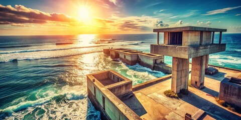 Fototapeta premium Vintage Ocean View: Concrete Structures & Tranquil Sea Under Bright Sun