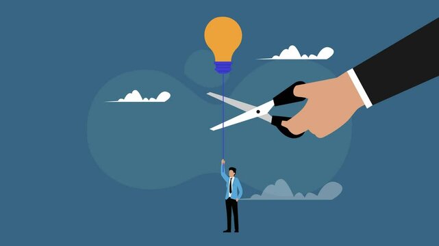 Man Hanging on to an Idea, Threatened by Scissors cartoon animation