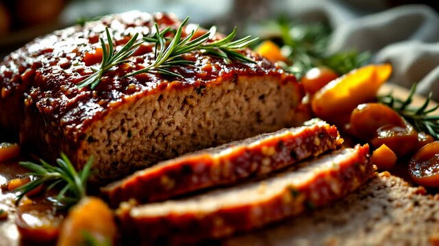 Closeup of Glazed Easter Ham with Rosemary and Plums on a Wooden Cutting Board