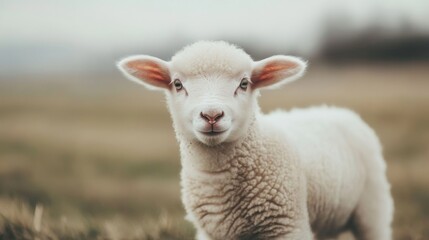 Obraz premium A close-up of a playful lamb standing in a grassy field under a cloudy sky