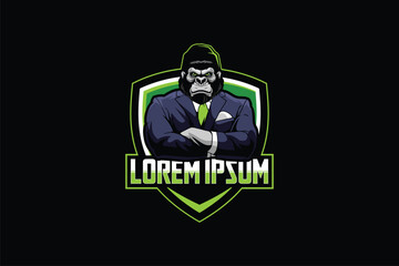 Gorilla wearing suit cartoon character vector badge logo shield template