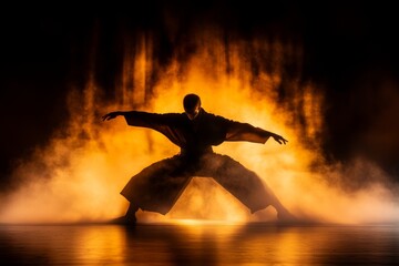 A confident performer mid-dance, their posture strong and graceful, with dramatic stage lighting highlighting their movements