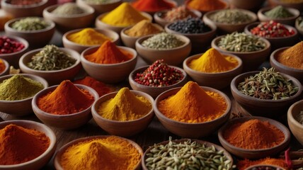 Fototapeta premium A Colorful Assortment of Spices in Elegant White Bowls: Discover the Aromatic Flavors of Culinary Delights for Cooking and Food