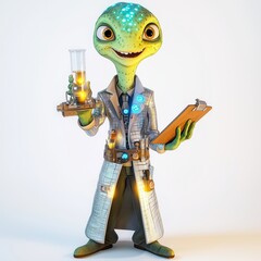 Quirky Alien Scientist Holding Test Tube and Clipboard in Lab Coat

