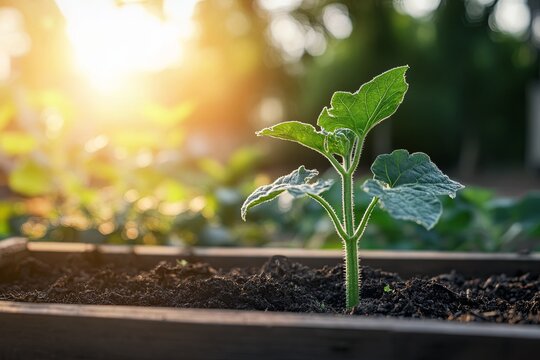 A single zucchini plant growing in a raised garden bed, styled with soft sunlight. picture