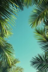 Fototapeta premium Lush Tropical Leaves and Fronds Framing Peaceful Blue Sky Backdrop