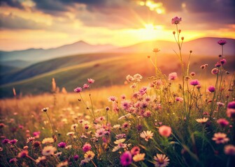 Naklejka premium Vintage Pink Grassland Sunset: Serene Pastoral Landscape Photography