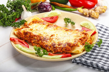 Italian lasagna with meat and tomato