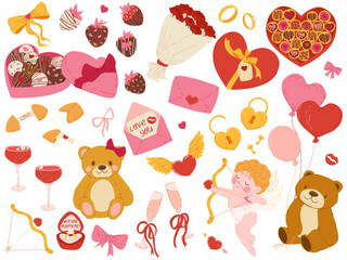 Valentine's Day stickers set for daily planner, diary, web. Scrapbooking cute hand drawn elements for Valentine's Day. Hearts, gift, chocolate box, teddy bear, mail, ring, cupid, roses, balloons