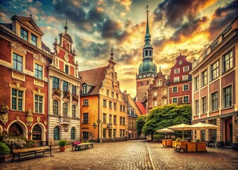 Fototapeta premium Vintage Riga, Latvia: July 28, 2024 - Charming Old Town Architecture