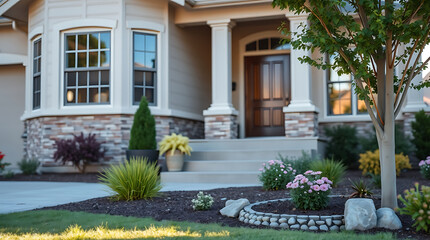 Fototapeta premium Dream House Exterior: Stunning Home with Landscaped Garden and Stone Pathway