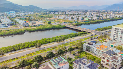City bridge. 

Urban reservoir on the outskirts of the city. Aerial view of the Nha Trang Bridge in Vietnam. 
