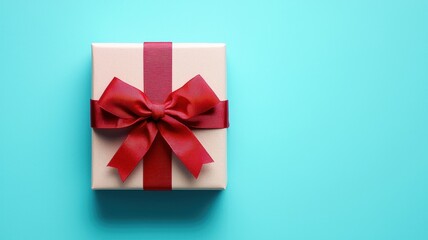 A beautifully wrapped gift box with a red ribbon sits on a vibrant turquoise background, perfect for celebrations and special occasions.