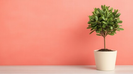 A small potted plant with lush green leaves against a soft coral background, adding a touch of nature to the modern decor.
