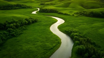 Aerial Perspective of Winding River Through Lush Green Meadows and Rolling Countryside