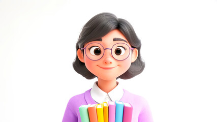 Smiling cartoon librarian with glasses, holding colorful books against white background with copy space. Concept of education, reading culture, and celebrating International Book Day with joy