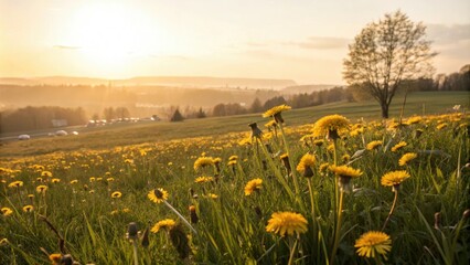 Fototapeta premium Golden light casting a warm glow over a field of bright yellow dandelions, nature, sunny day, flowers in field, yellow flowers, hillside