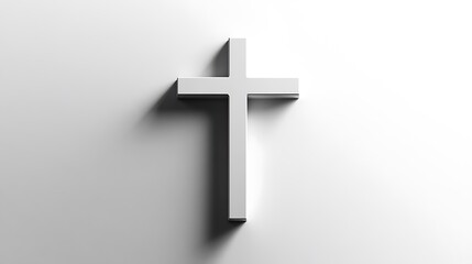 A rendering of a white cross with a shadow cast on a gray background, creating a sense of depth and realism.