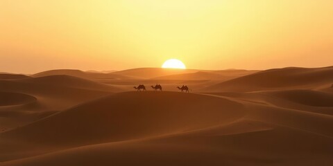 Fototapeta premium Golden light of sunrise casts a warm glow on the sand dunes as a caravan traverses through Sahara desert in Morocco, desert sun, caravan, travel