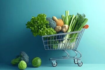 Shopping cart filled with fresh green vegetables