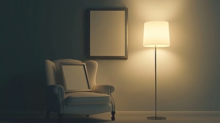 Fototapeta premium Evening room, armchair, lamp, blank frames, cozy