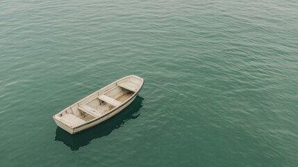 Obraz premium A solitary wooden boat floating on calm turquoise waters, surrounded by a serene coastal landscape