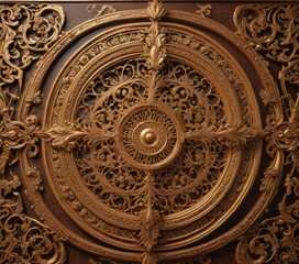 Golden filigree work on a wooden panel with intricate carvings, panel, artistry, texture