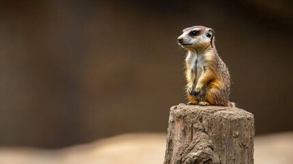 Fototapeta premium A vigilant meerkat perched on a wooden stump, observing its surroundings in a tranquil environment