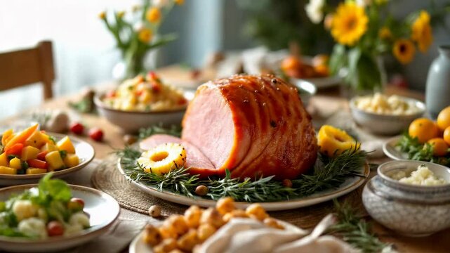 Festive Easter Dinner Table with Glazed Ham, Roasted Vegetables, and Spring Flowers