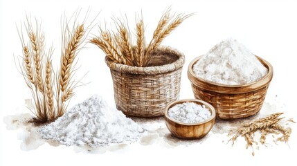 Freshly Ground Flour and Wheat Grains in Rustic Baskets Against a White Background