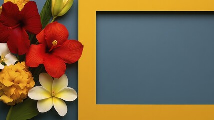 Vibrant floral arrangement with yellow frame on blue background