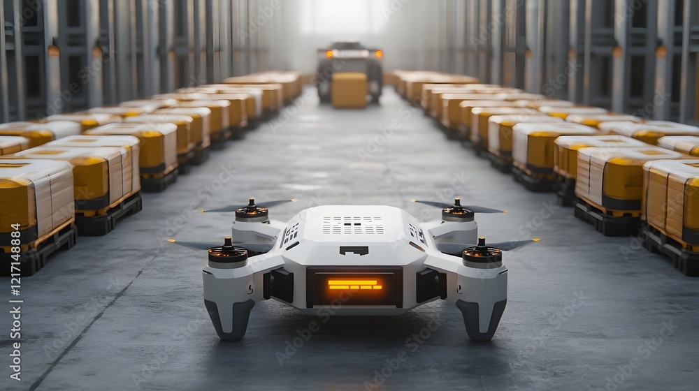 Poster drones and autonomous guided vehicles collaborating in a futuristic smart warehouse for efficient