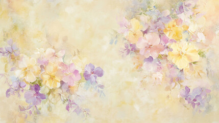 Soft watercolor florals in pastel tones, subtly scattered across a pale grayish-white background,