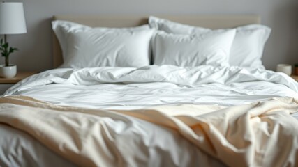 Unmade bed with white sheets and a beige blanket in a cozy bedroom