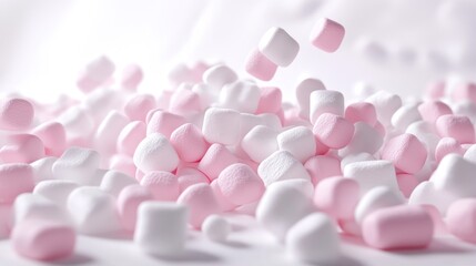 Pink and white marshmallows falling, sweet treat, food photography, background blur