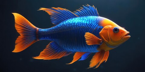 Glowing orange fish with iridescent fins against a dark blue background, iridescent, shimmering, fin